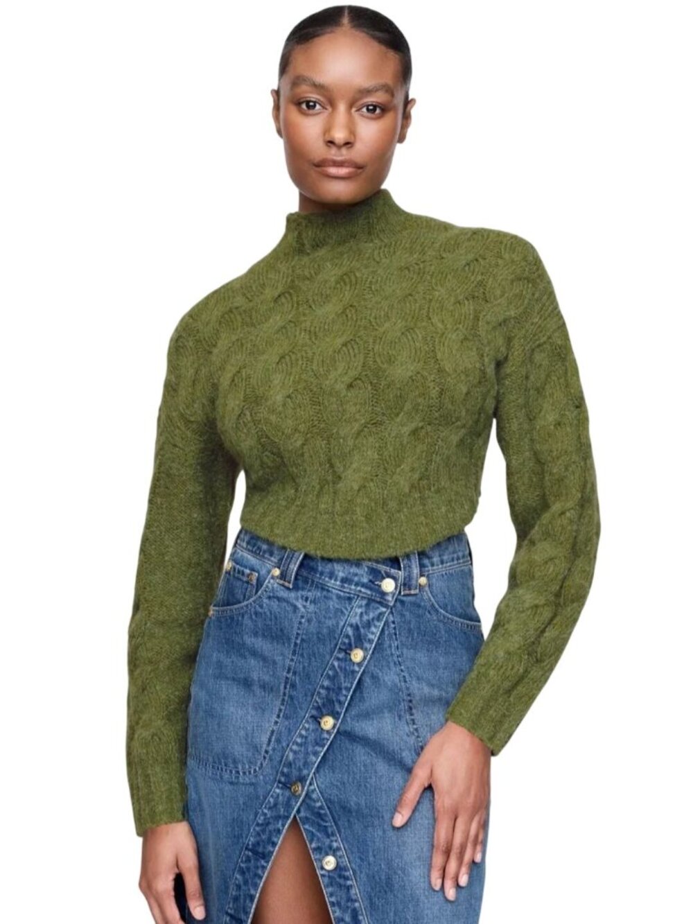 Cult Gaia X GAP Olive Green Alpaca Blend CableKnit Mock Neck Sweater 2024 Size M